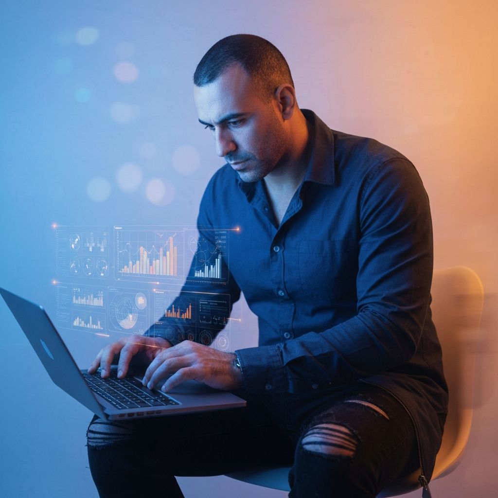 A creative professional working with holographic AI interfaces in moody indigo light