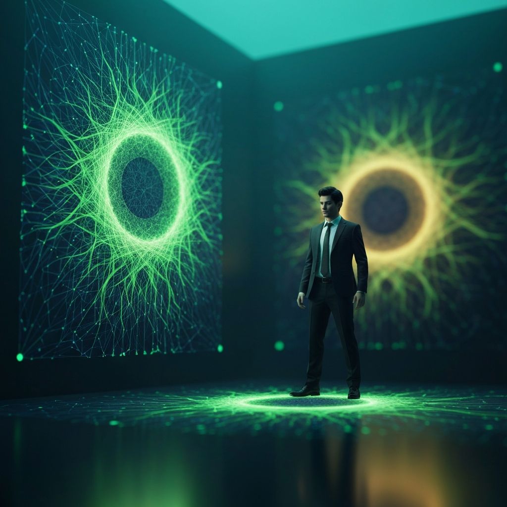 A creative professional silhouetted against vibrant generative AI artwork