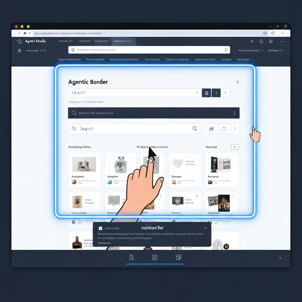 A Comet Browser interface showing Agent Mode in action with a blue "Agentic Border" glowing around a website. The AI cursor is visible interacting with search bars, filters, and product listings. An Assistant Bar at the bottom shows task instructions