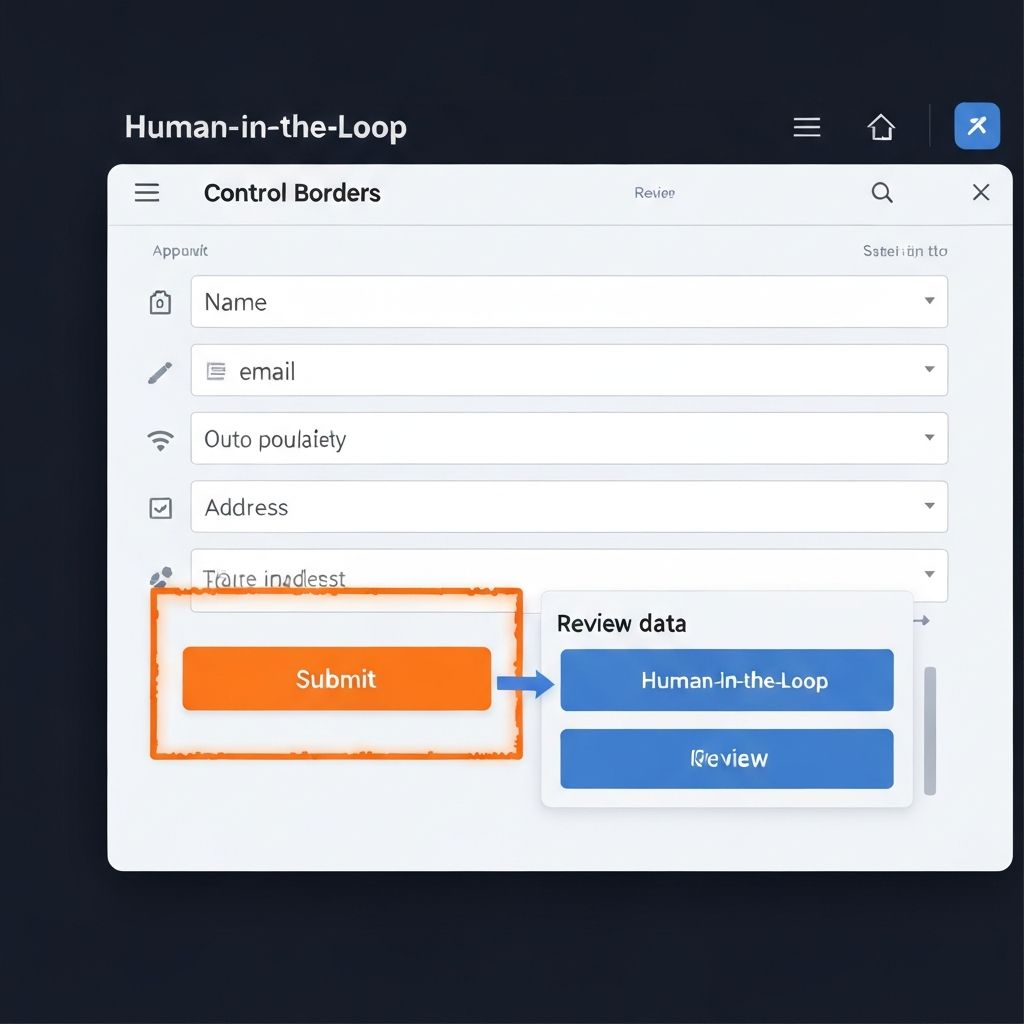 A Comet Browser interface showing Control Borders safety feature. A form with auto-populated fields is visible with an orange-pulsing border highlighting a Submit button, indicating AI is waiting for human approval before execution