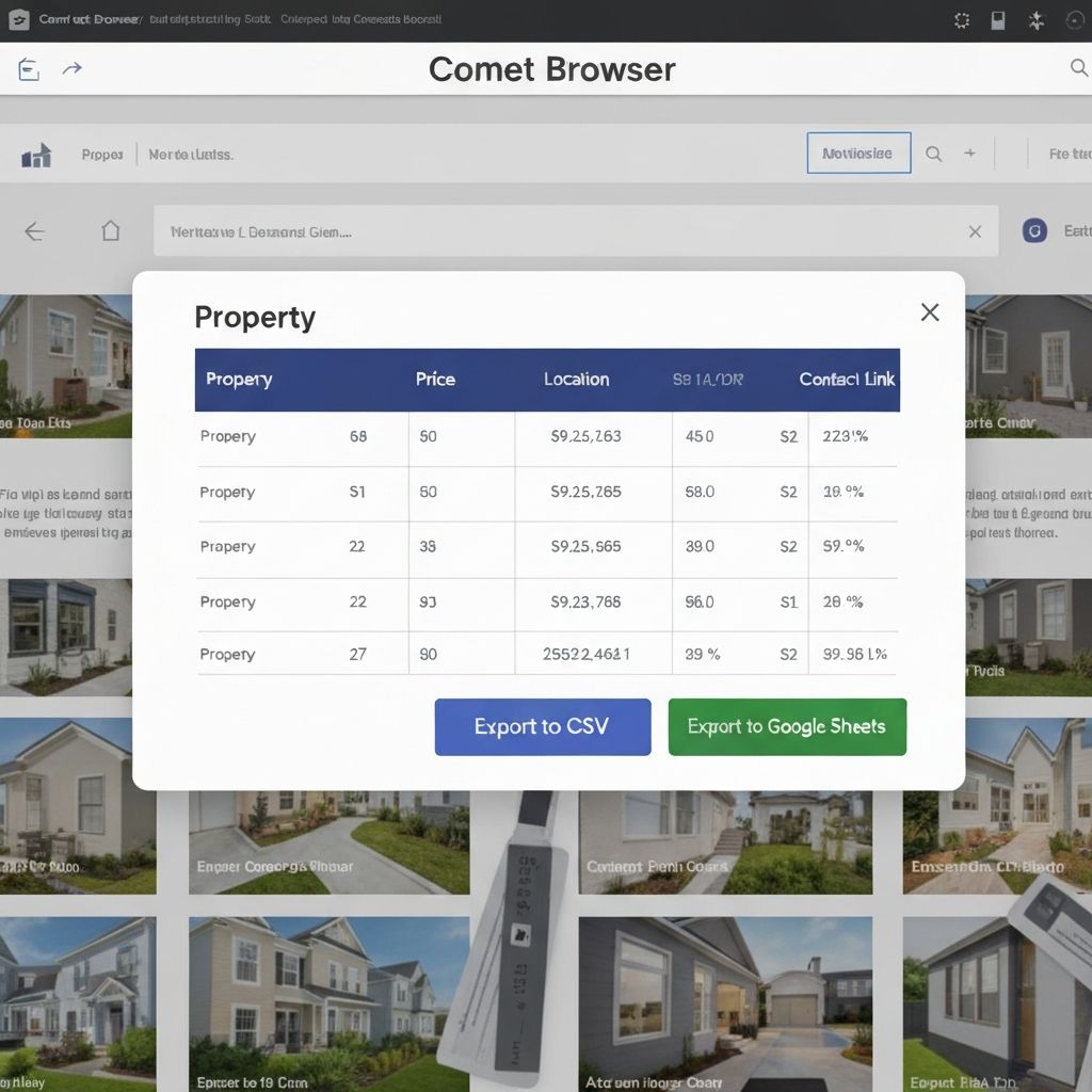 A Comet Browser interface showing data extraction with a clean table overlay displaying structured data including Price, Location, and Contact Link columns. Export buttons for CSV and Google Sheets are visible