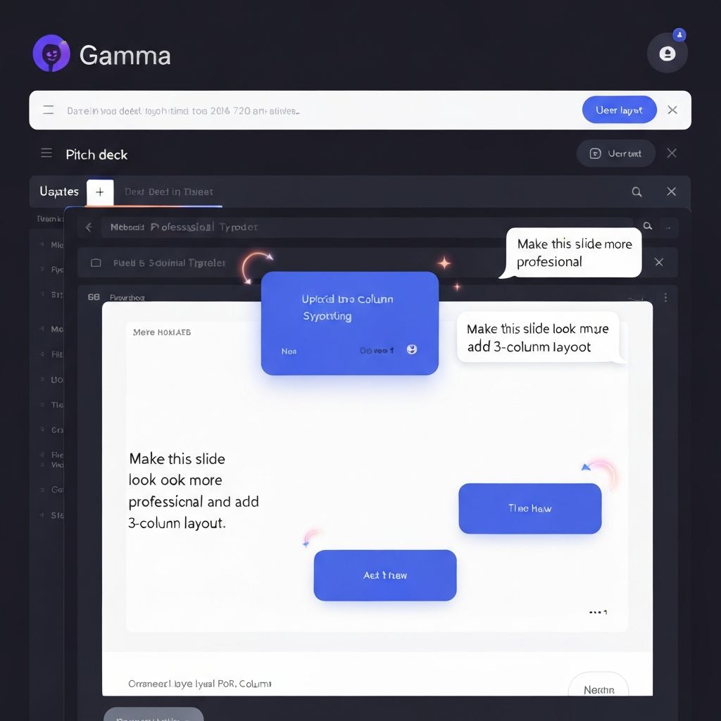 A split-screen showing Gamma's chat interface on the right with a user message "Make this slide look more professional and add a 3-column layout" and the slide transforming in real-time on the left