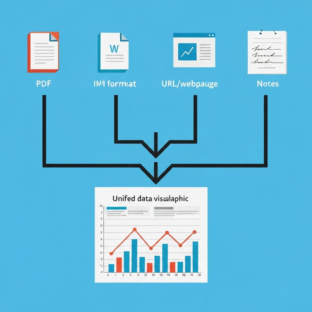 Multiple input formats (PDF, Word, URL, notes) all transforming into a beautifully formatted professional presentation deck