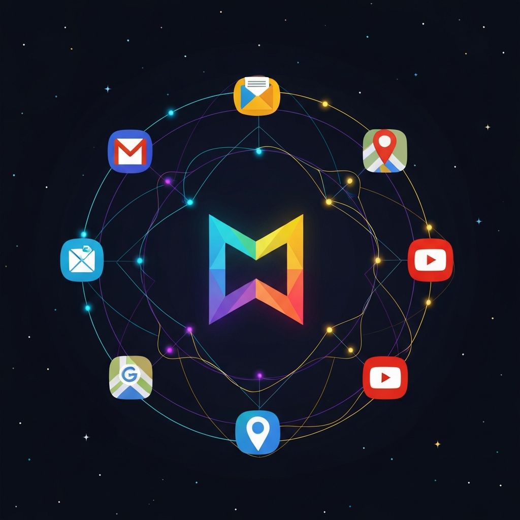 A glowing Gemini logo at the center of a circular constellation, with lines of light connecting it to the icons for Gmail, Google Drive, Maps, and YouTube