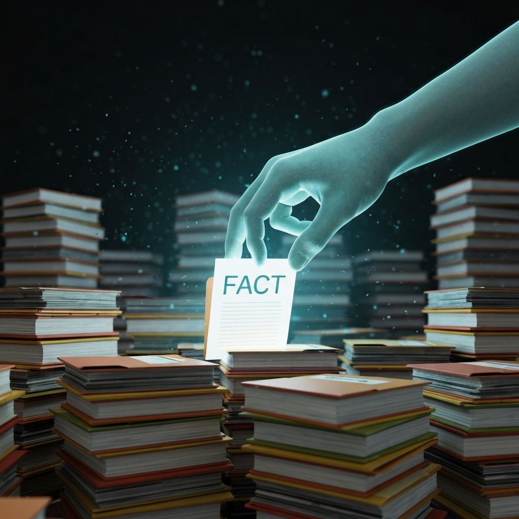 A digital hand pulling a specific Fact out of a massive stack of folders, representing the ability to pinpoint information across thousands of files
