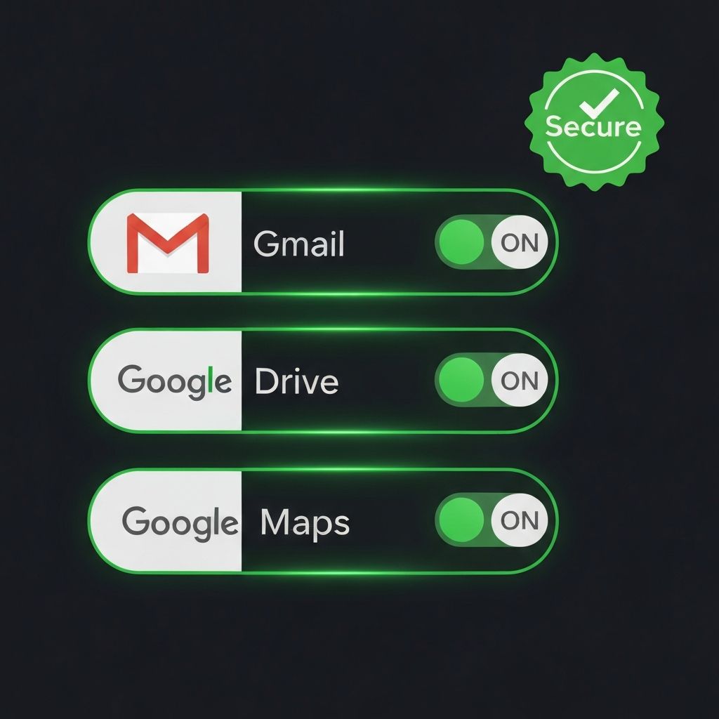 A digital dashboard with several Permission Toggles for Gmail, Drive, and Maps, with a green Secure badge prominently displayed