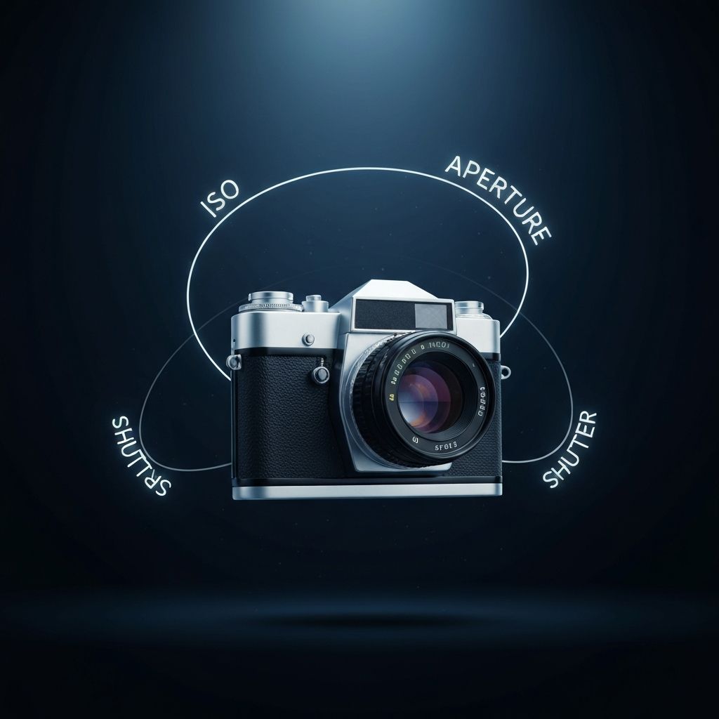 A vintage film camera floating in the air with glowing adjustment dials for ISO, Aperture, and Shutter Speed