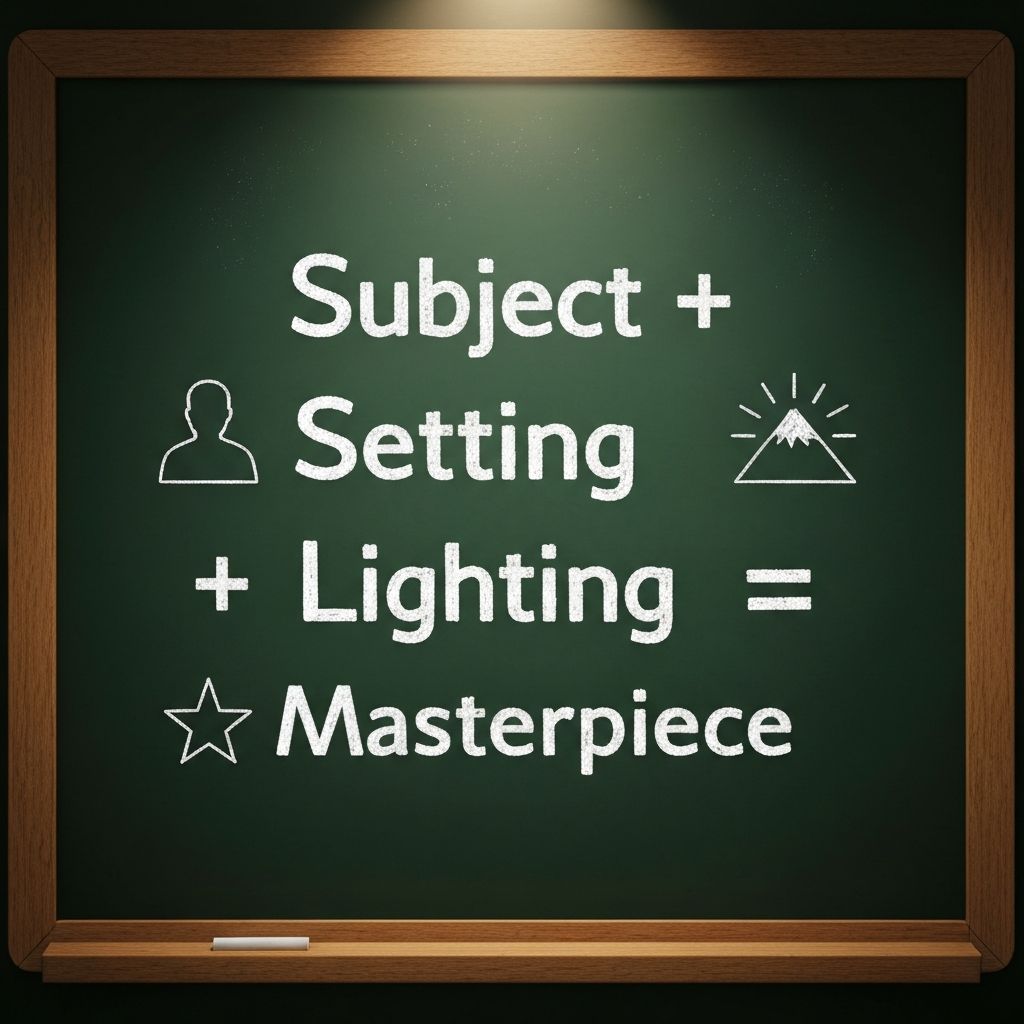 A chalkboard showing a chemistry formula for an image: Subject + Setting + Lighting = Masterpiece, with icons representing each element