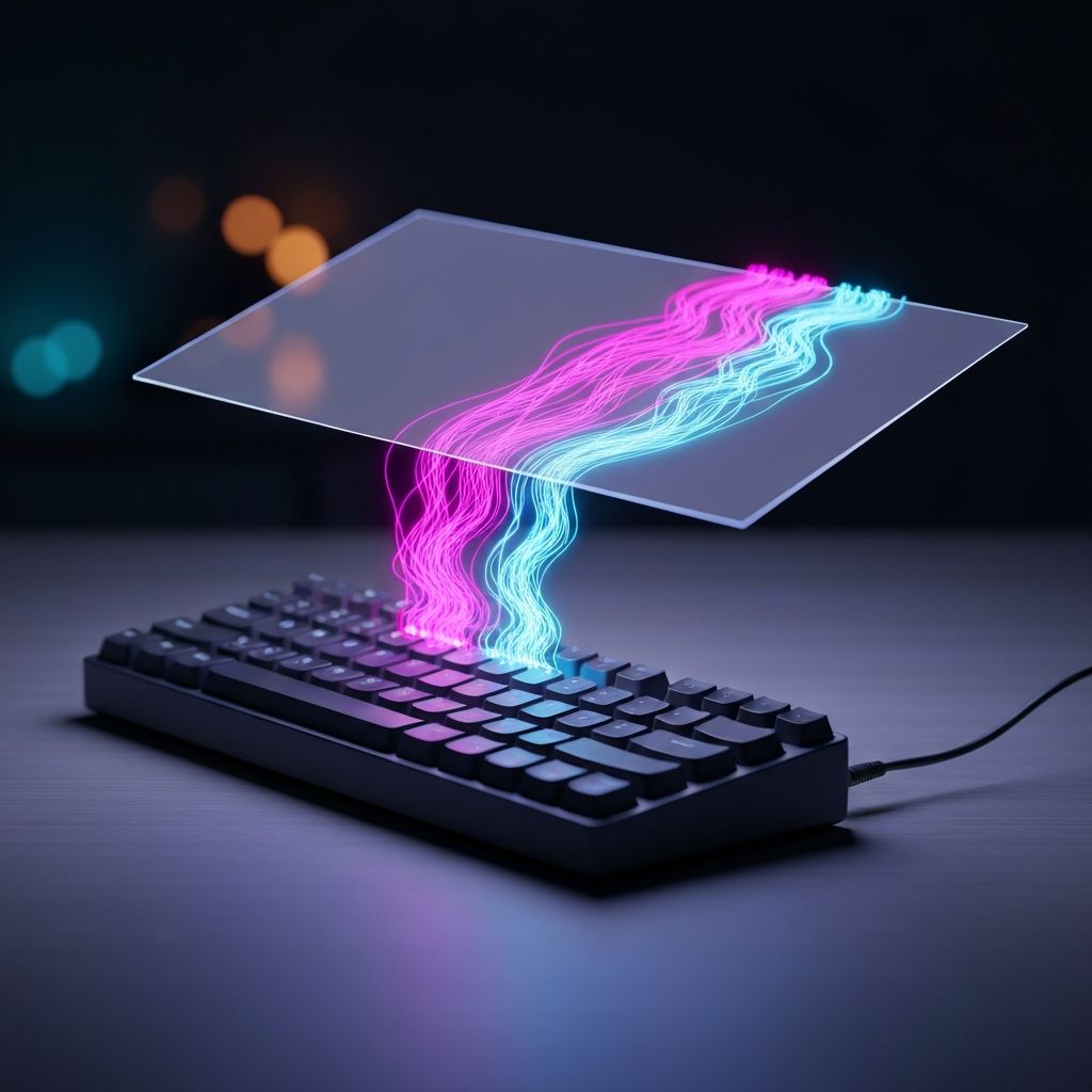 A creative desk where a physical keyboard transforms into a digital paintbrush, vibrant neon colors flowing onto a holographic canvas