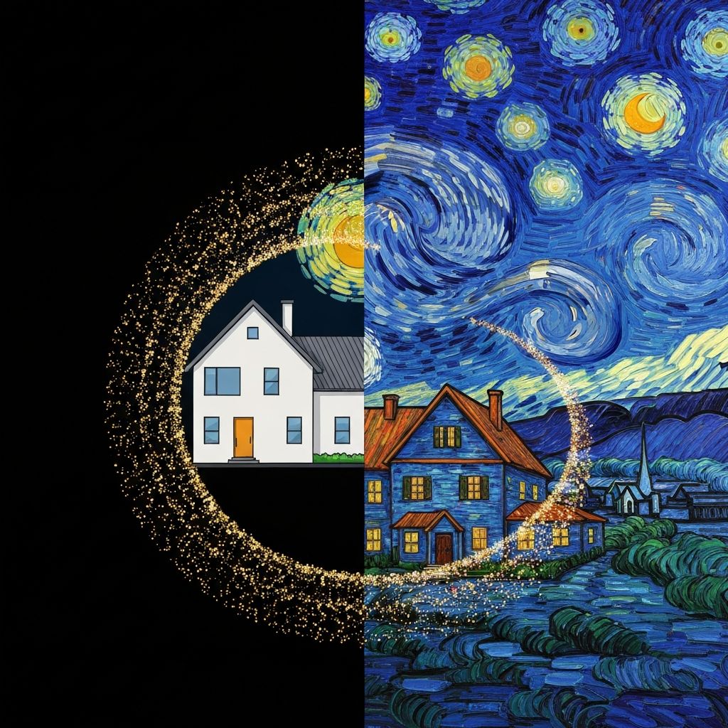 Two images merging in a swirl of pixels — a simple house and a Starry Night painting becoming a Van Gogh style house