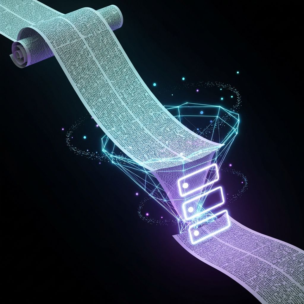 A long, dense scroll of paper being fed into a digital funnel and emerging as three glowing, high-impact bullet points