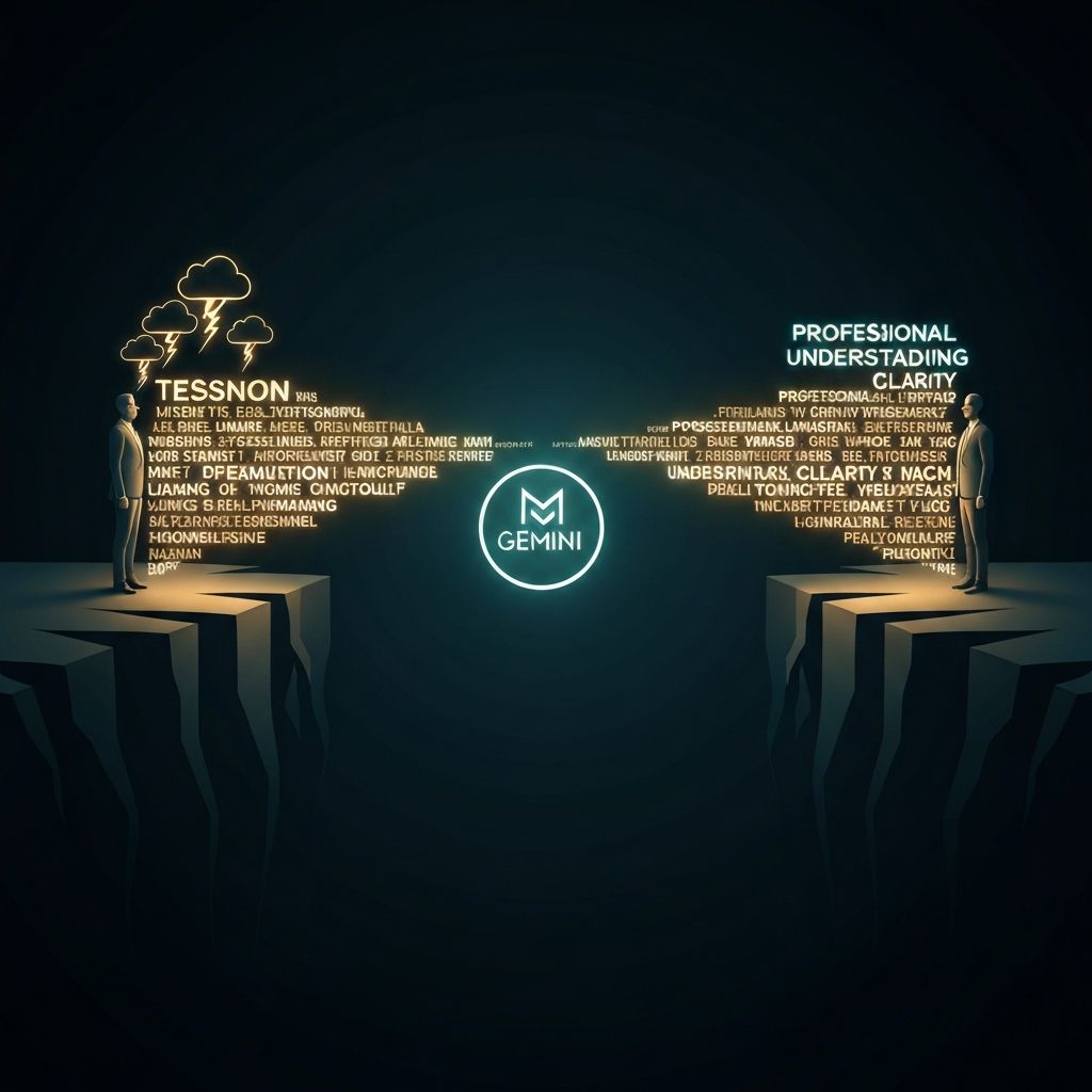 A luminous bridge of text connecting two figures across a chasm, representing connection and clarity in difficult communication