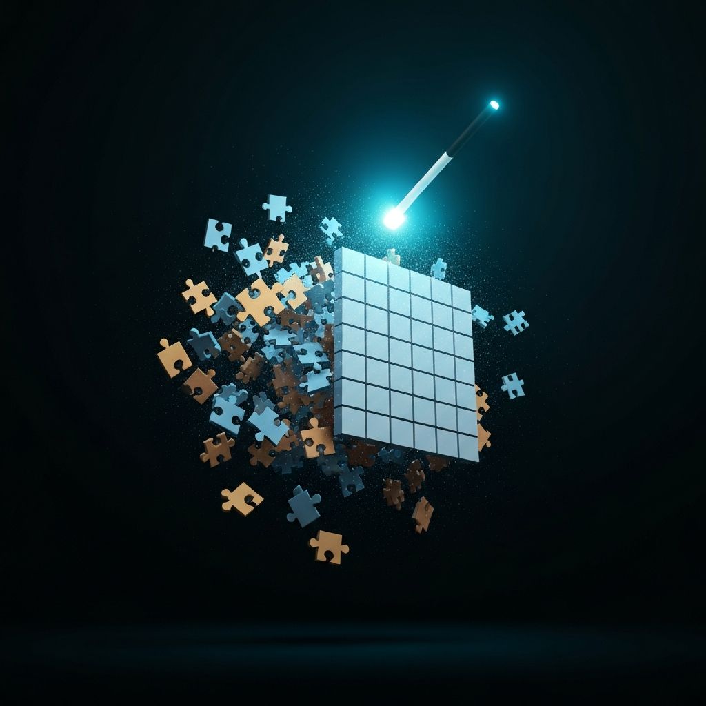 A cluster of disorganized puzzle pieces instantly snapping into a perfect, clean architectural grid using a magic wand