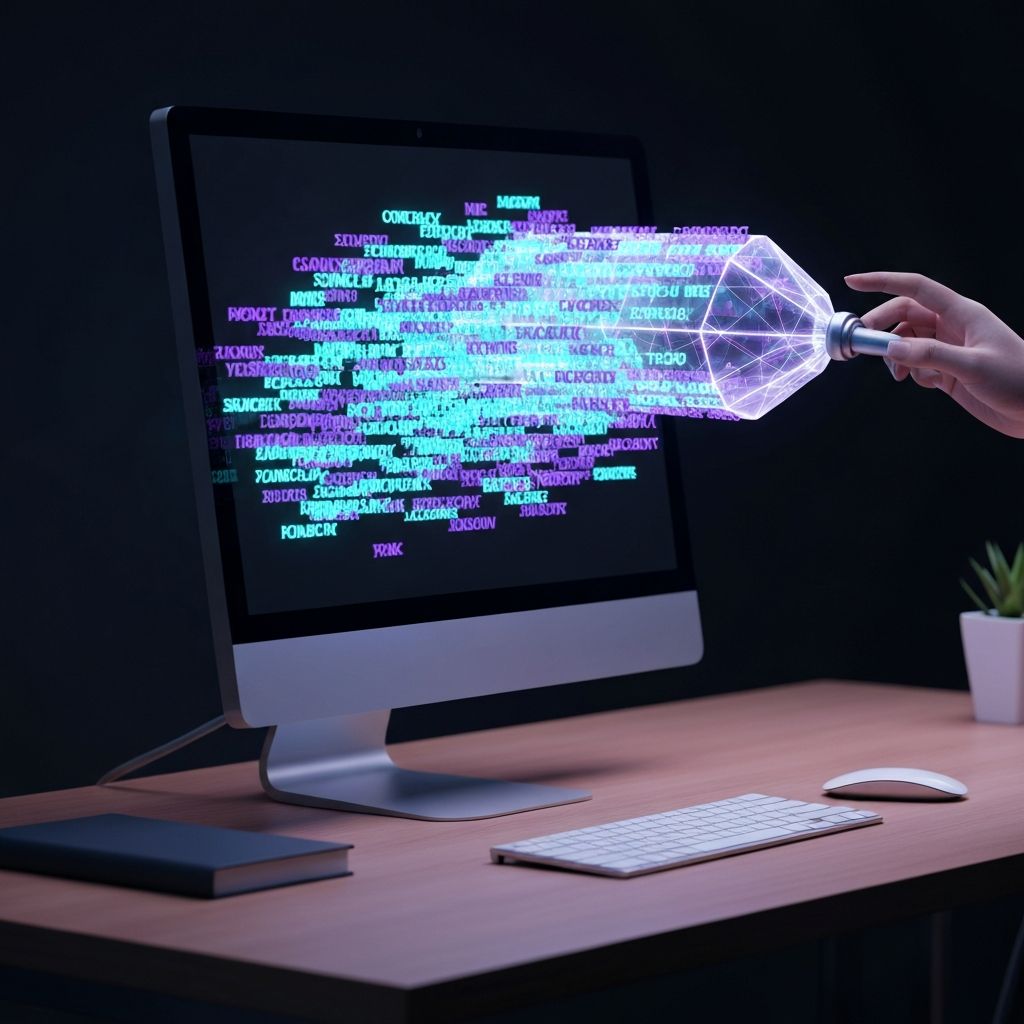 A professional desk where words float off a computer screen and are neatly organized by a glowing digital sculptor into organized blocks