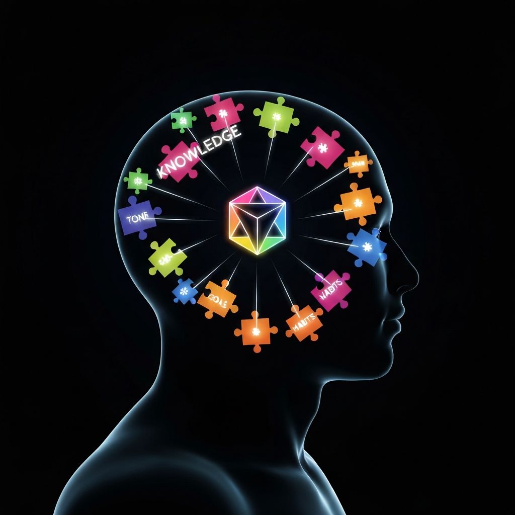 A silhouette of a human head filled with colorful puzzle pieces representing Knowledge, Tone, Goals, and Habits, with a Gemini logo at the center connecting them all