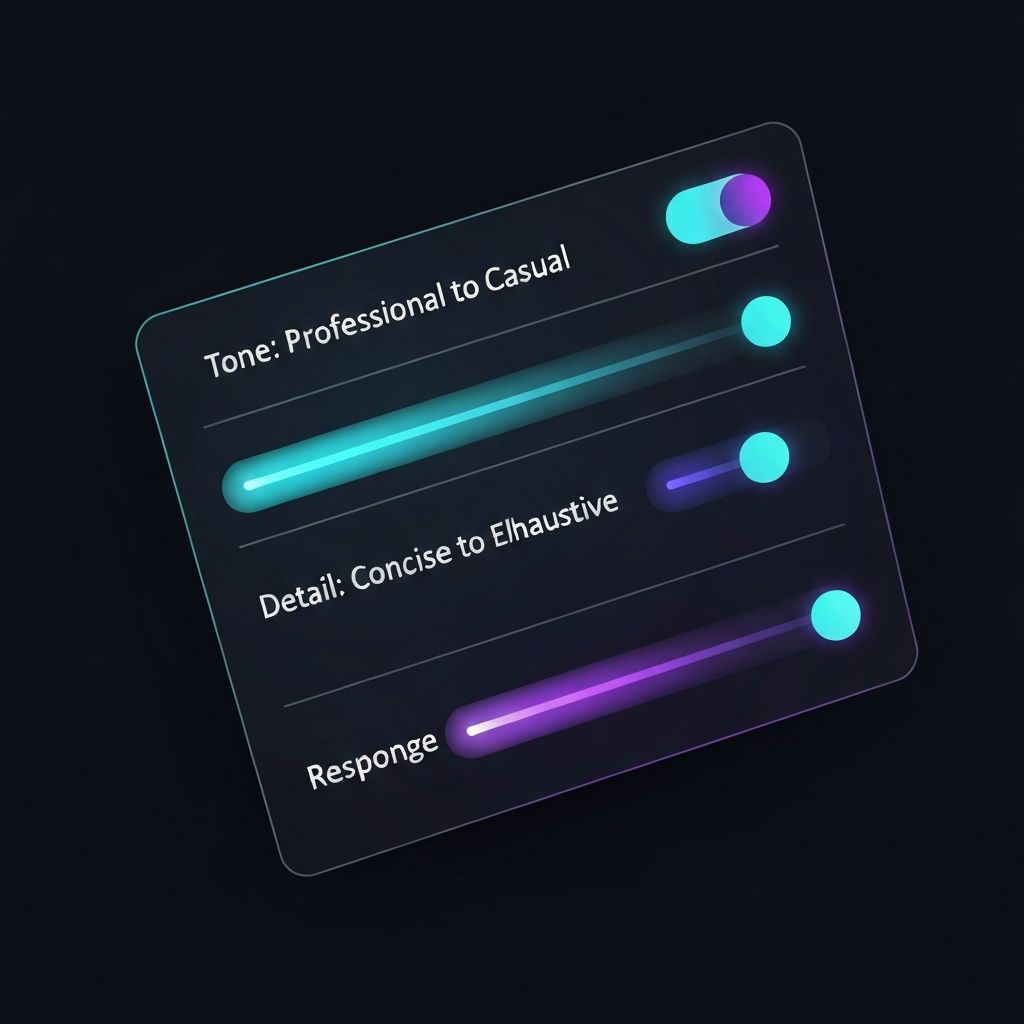 A digital control panel with toggles and sliders for Tone: Professional to Casual, Detail: Concise to Exhaustive, and Response Language