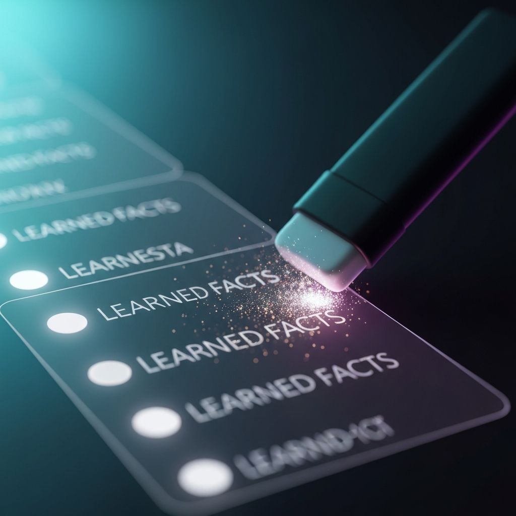 A person using a digital Eraser to remove an outdated bullet point from a glowing list of Learned Facts