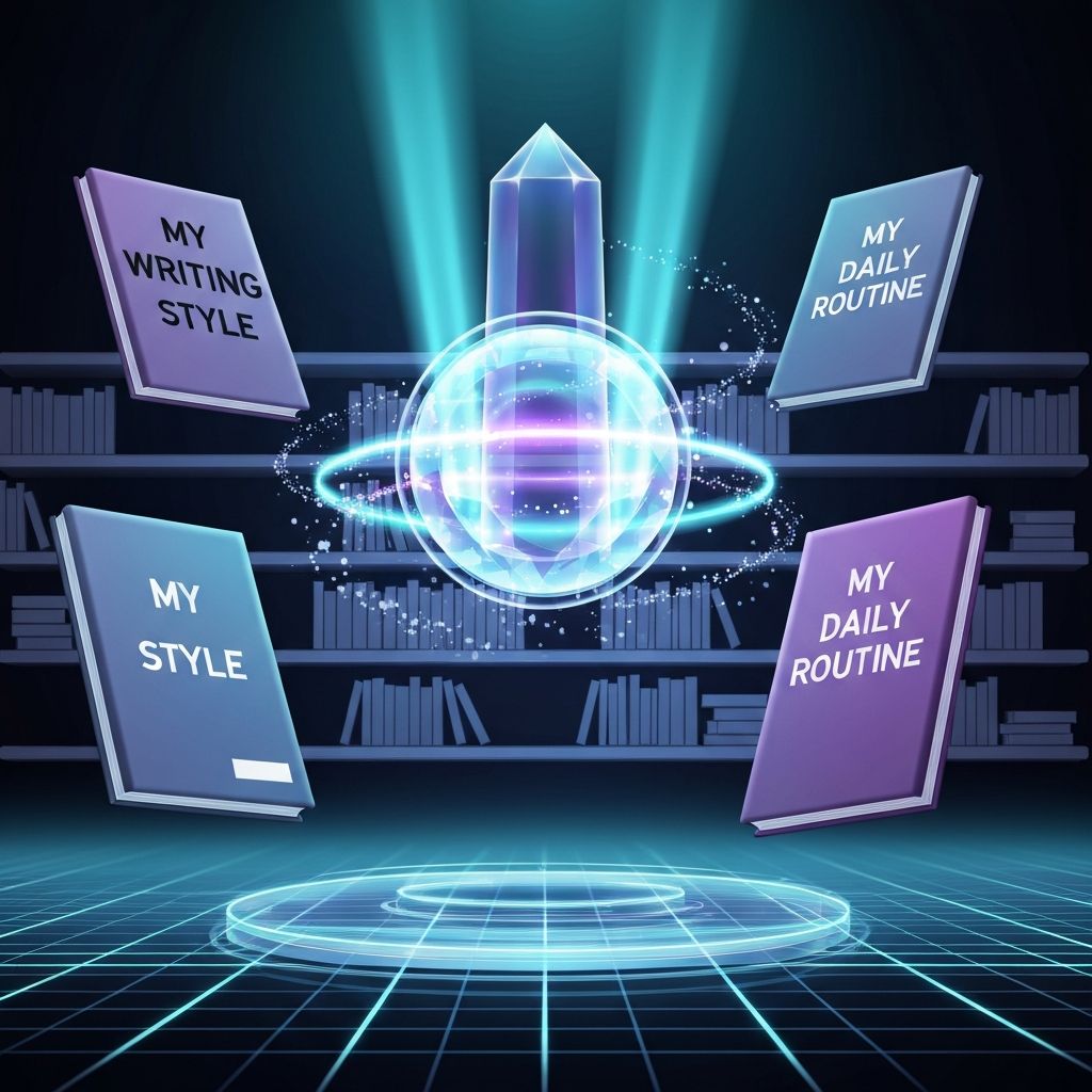 A glowing Library of You with books titled My Writing Style, My Current Projects, and My Daily Routine being scanned by a digital lens