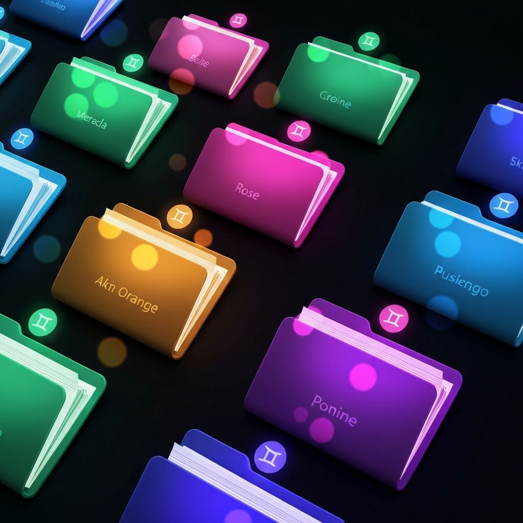 A digital desktop with different folders glowing in different colors, labeled with business names, each with a small Gemini icon on top