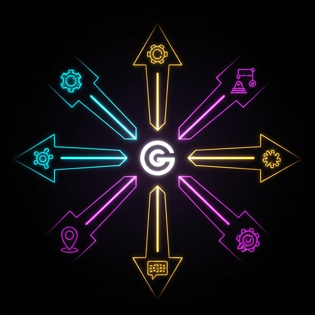 Eight glowing directional arrows radiating from a central Gemini logo, each pointing to different business icons representing all eight startup directions