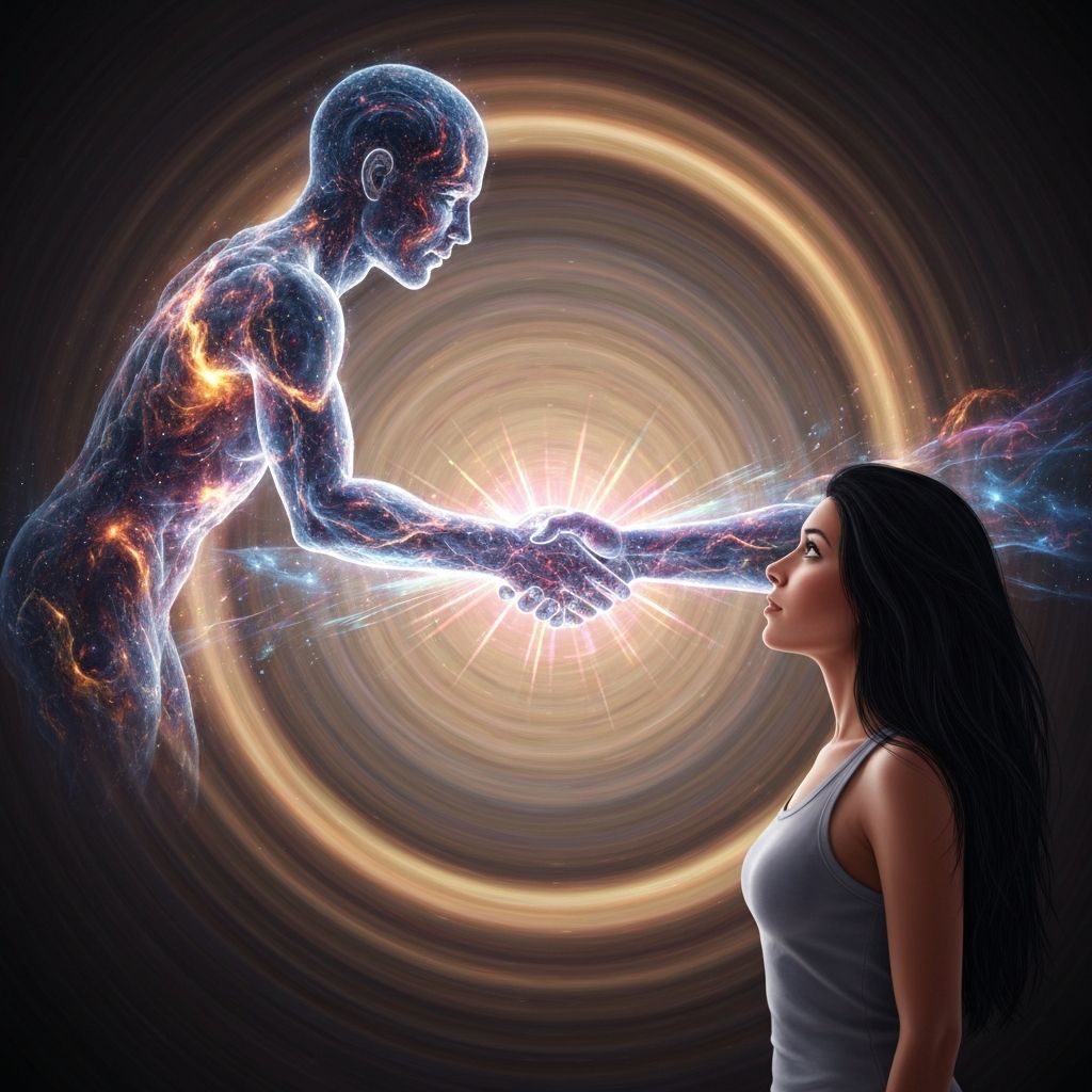 Two glowing silhouettes—one human and one digital—shaking hands over a floating hologram of a futuristic city skyline