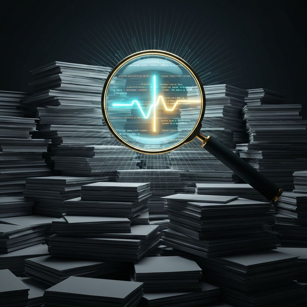 A magnifying glass highlighting a single glowing line of code in a massive mountain of grey paperwork