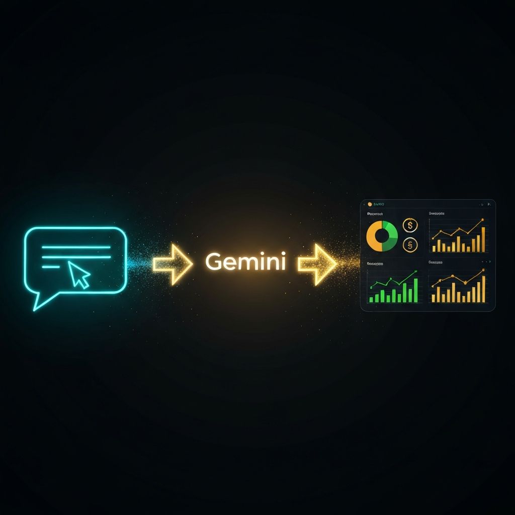 A visual journey from a glowing prompt on the left, through a Gemini logo in the center, to business success metrics glowing on the right