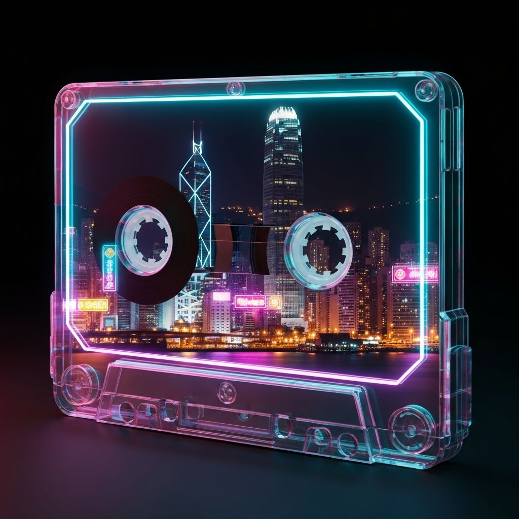 A retro-style cassette tape with a neon-lit Hong Kong skyline reflected in the plastic casing