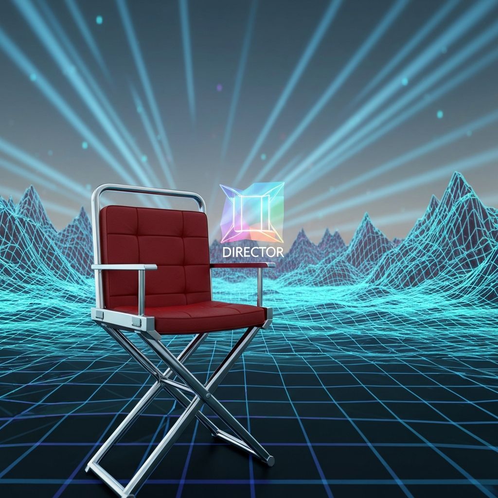 A futuristic film director's chair where the Director is a glowing Gemini icon, overlooking a digital landscape where mountains are being rendered in real-time