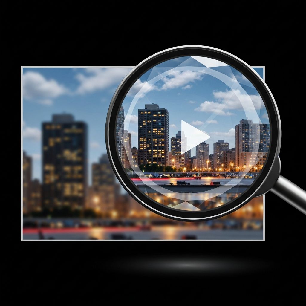 A magnifying glass hovering over a pixelated video frame, showing a crystal-clear, high-definition reflection of a city inside the glass
