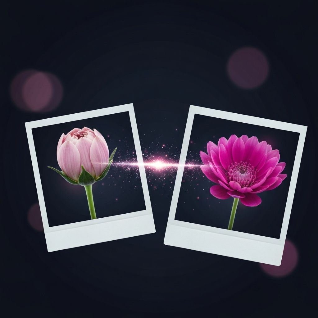 Two polaroid photos—one of a closed flower and one of a fully bloomed flower—connected by a bridge of digital light representing the AI-generated Growth animation