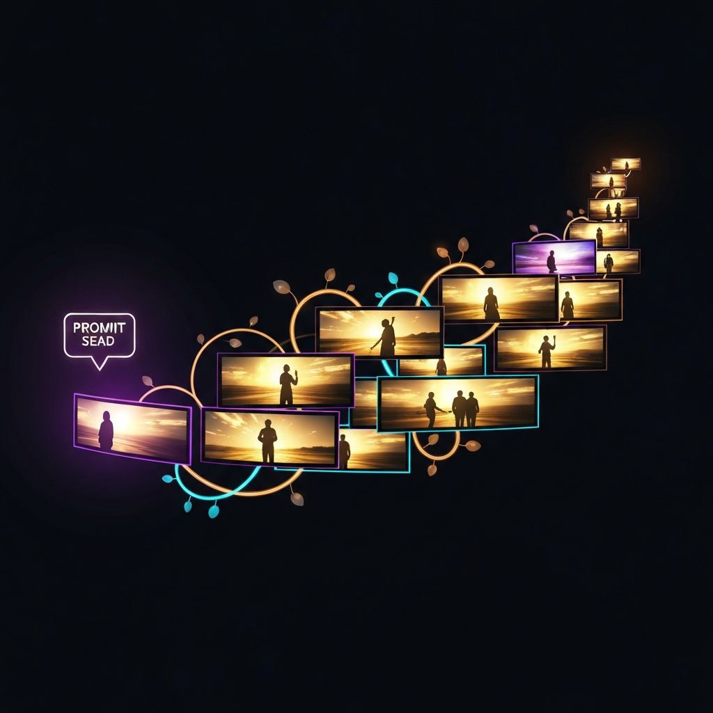 A digital timeline showing a single seed (the prompt) growing into a sprawling vine of video frames, each frame glowing with cinematic detail