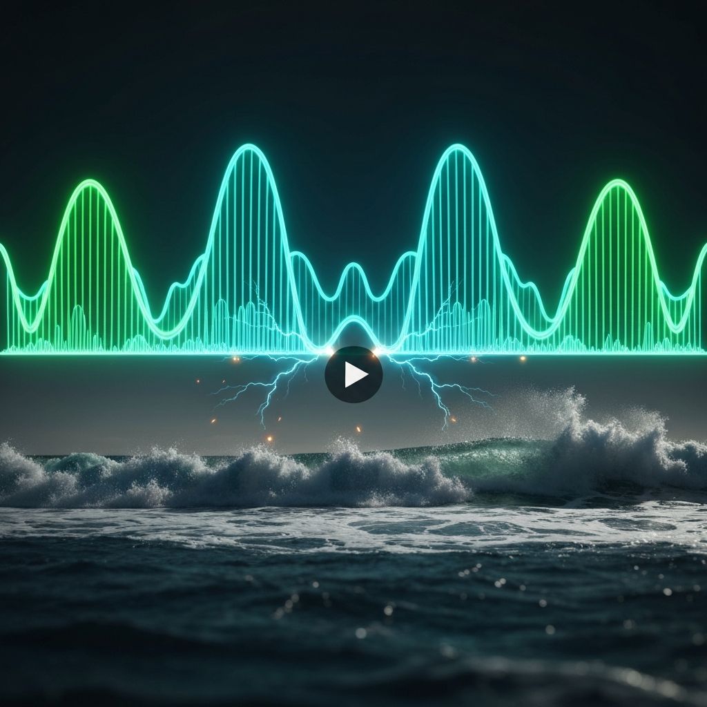 A waveform of sound pulsing in perfect rhythm with a video of a crashing ocean wave, with little lightning sparks showing where the sound and sight align