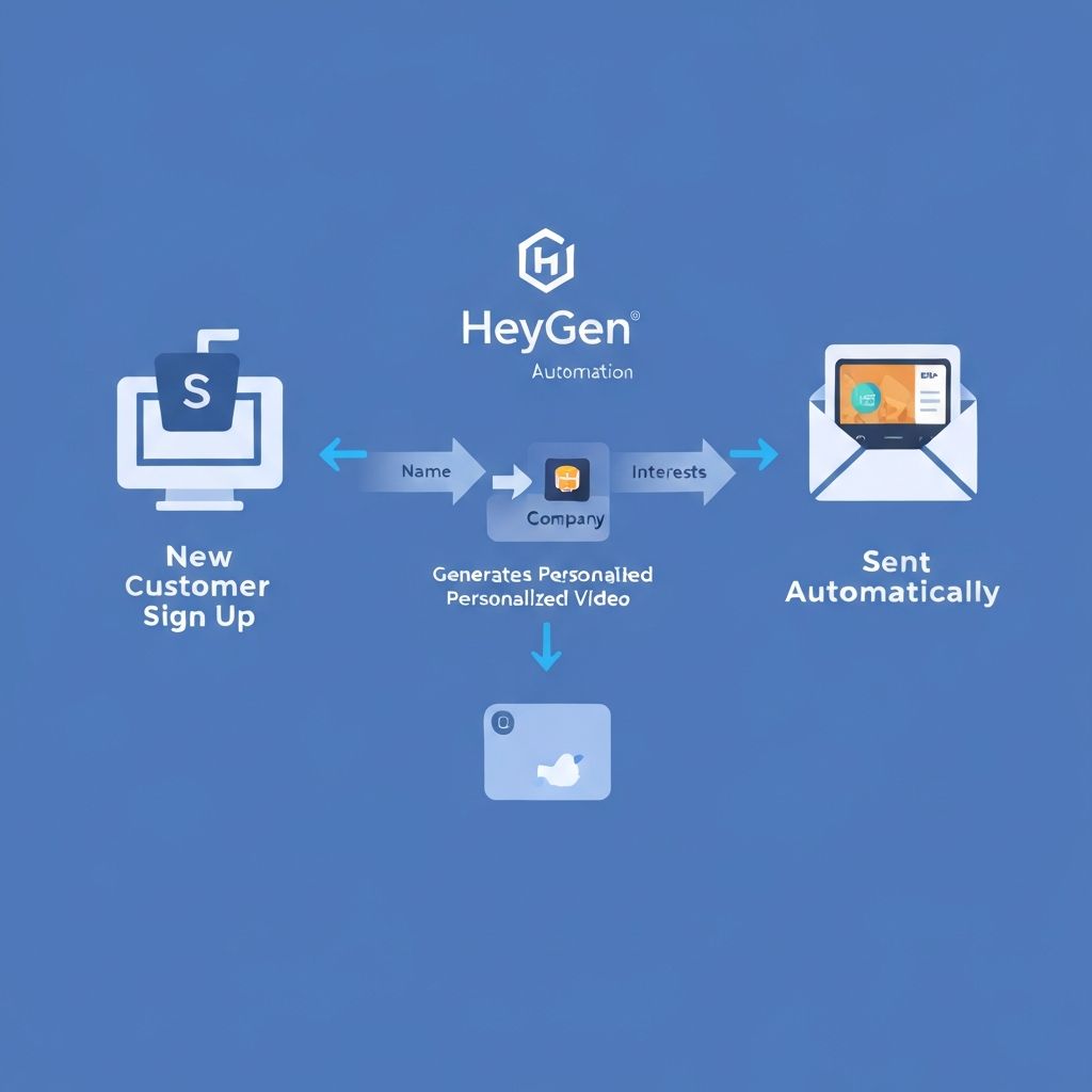 A workflow diagram showing HeyGen automation: New Customer Sign Up (CRM) → HeyGen Generates Personalized Video → Automated Email Sent with Video Link. Blue arrows show the data flow through the system