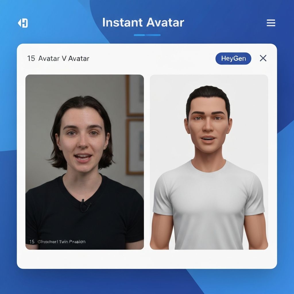 A HeyGen interface showing Avatar V creation with a 15-second video clip on the left and a perfectly replicated digital twin on the right. The interface shows successful avatar generation with "Instant Avatar" at the top