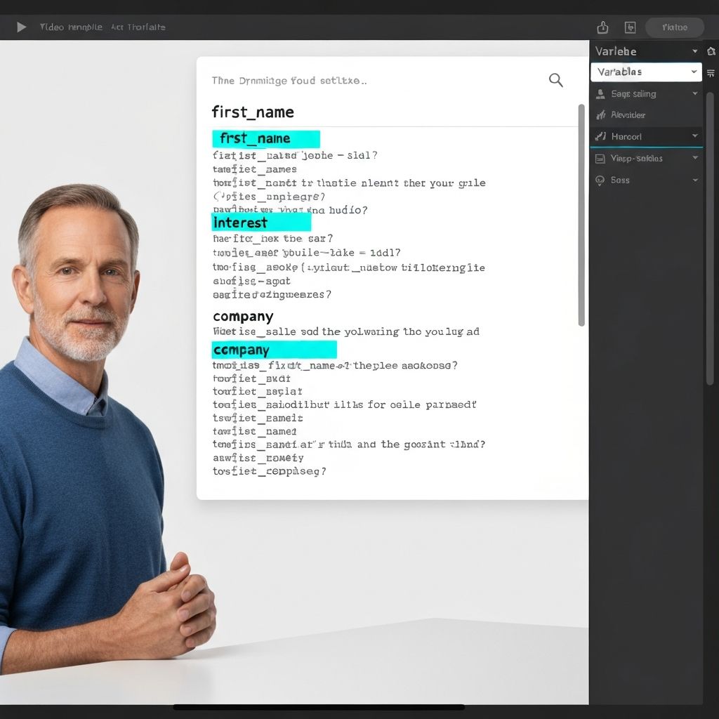 A HeyGen video template editor showing a script with dynamic variables highlighted in blue ({{first_name}}, {{interest}}, {{company}}). The avatar is shown speaking on the left with a professional background. The right panel displays variable settings