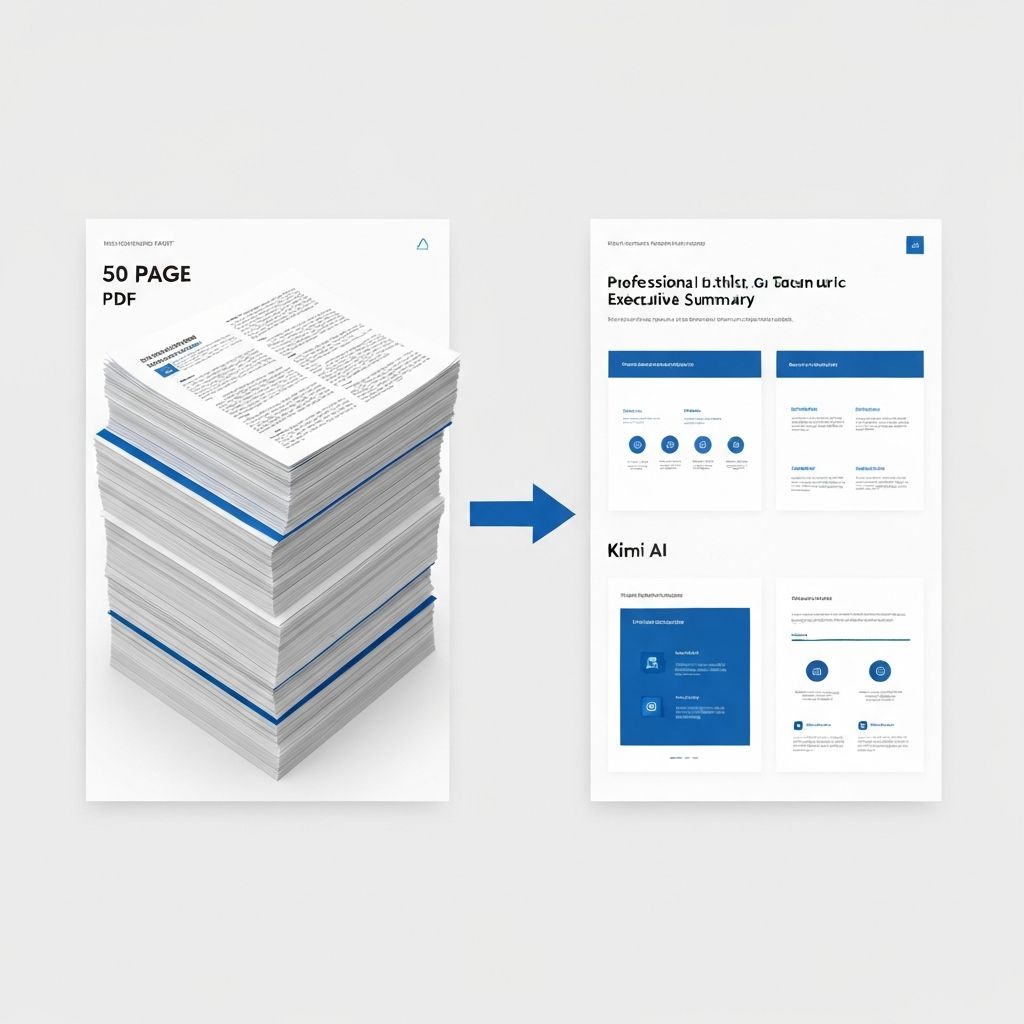 A visual transformation showing a thick 50-page PDF document transforming into a clean, minimal 10-slide executive summary with professional presentation layouts