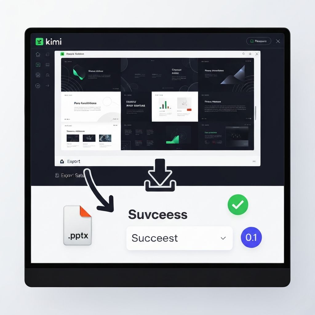 A generated presentation slide deck displayed on a screen, with a download arrow pointing to a PowerPoint file icon, showing successful export from Kimi to standard PowerPoint format