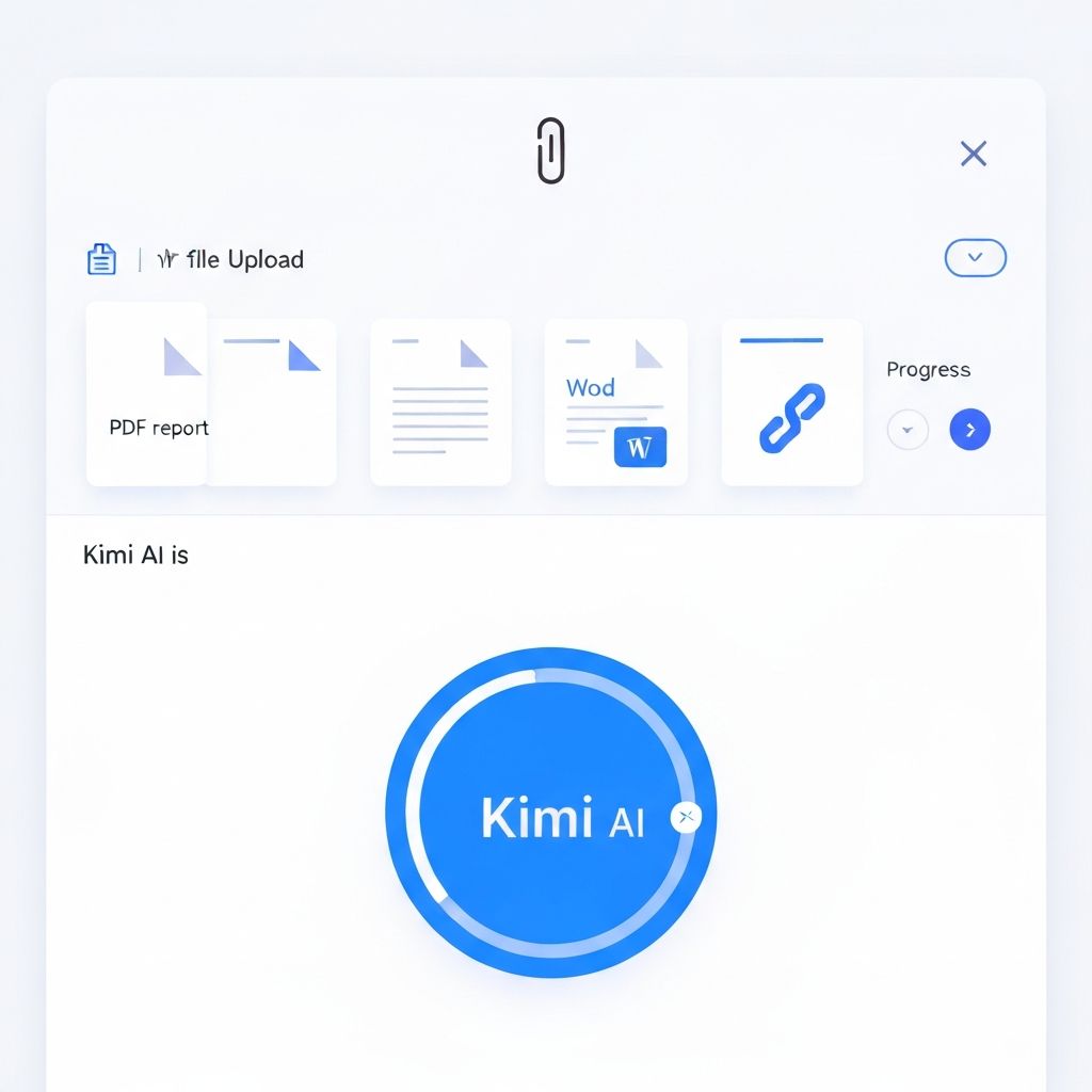 A user interface showing multiple documents being uploaded - a PDF report, Word document, and link, all being processed simultaneously with Kimi AI