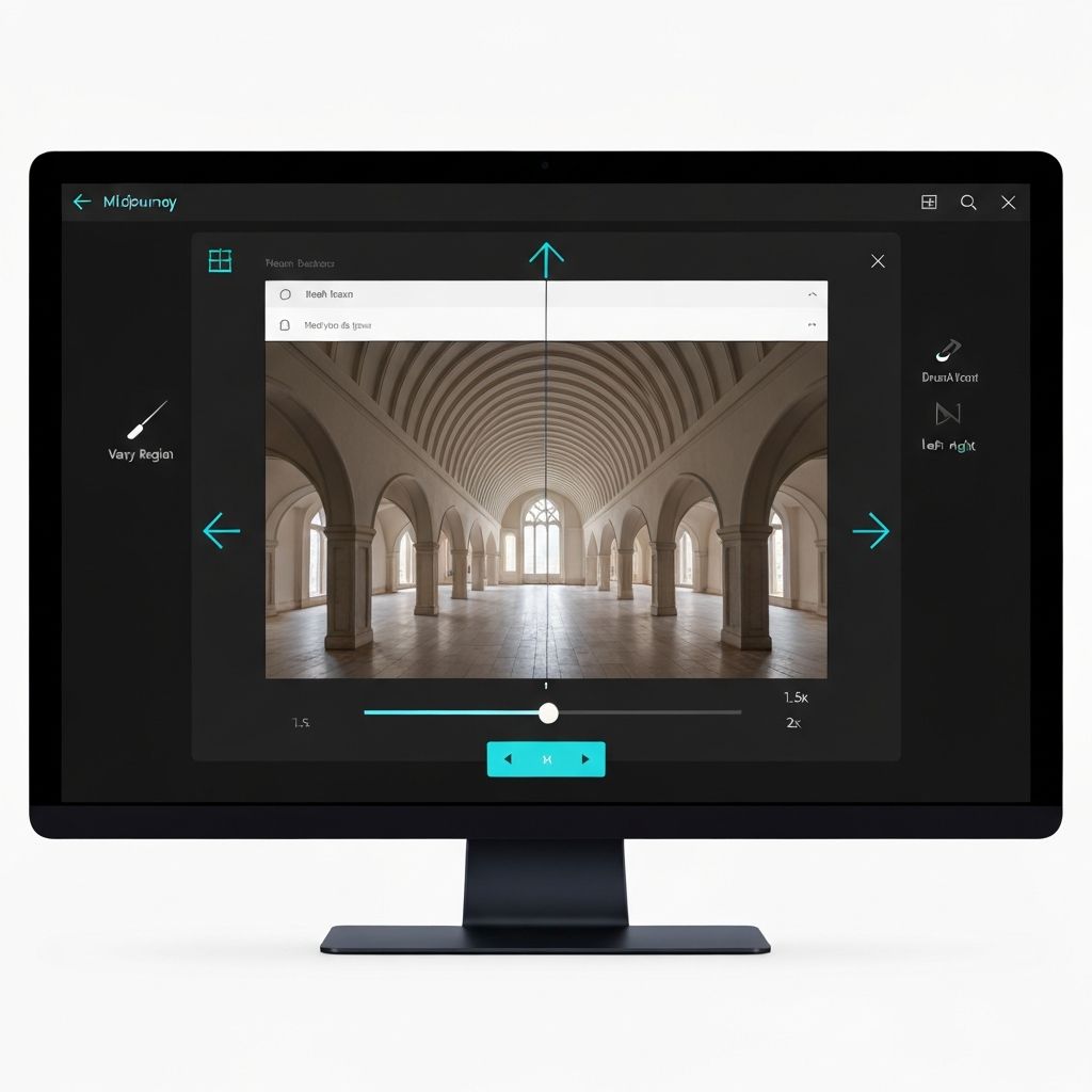 A Midjourney Web Alpha editor interface with brush tools, zoom slider, and pan arrows visible around an architectural image