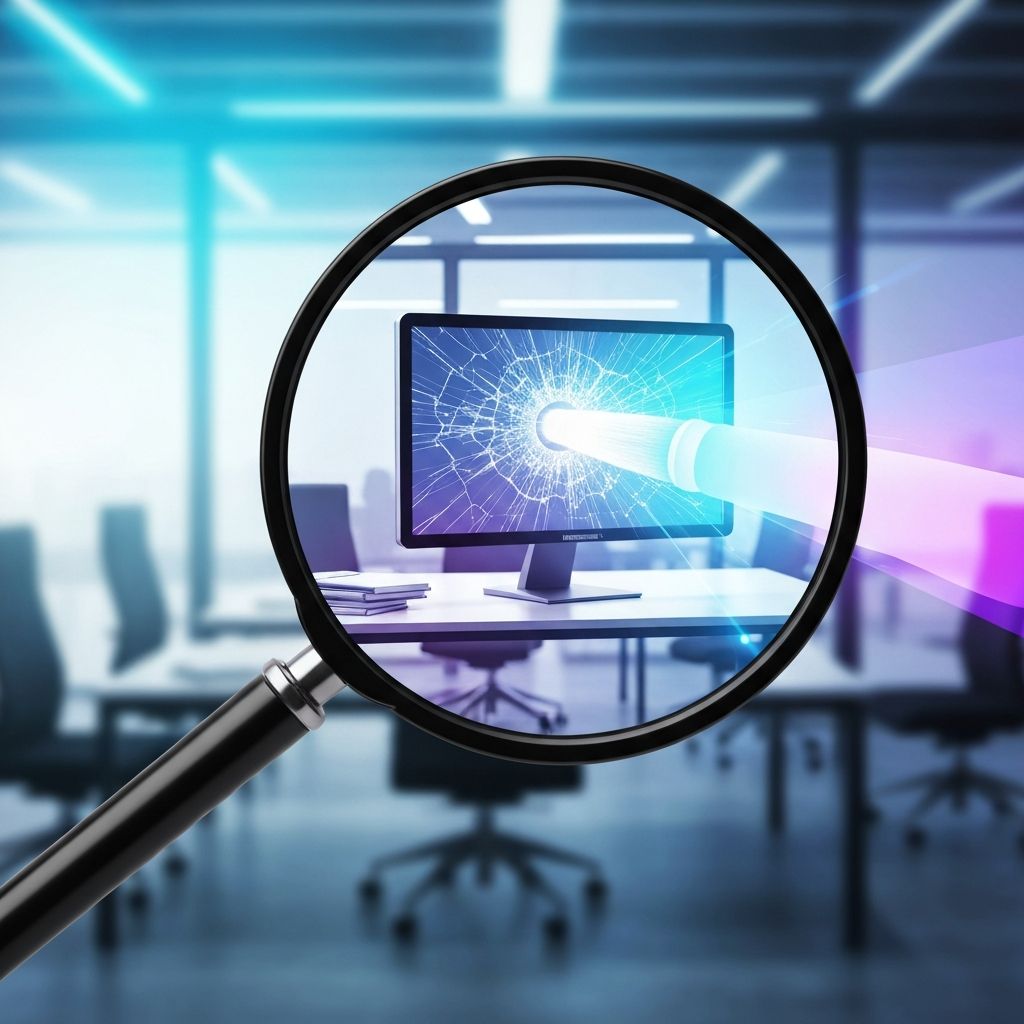 A magnifying glass hovering over a digital image of a tech office, with a broken monitor being transformed into a perfectly rendered holographic display