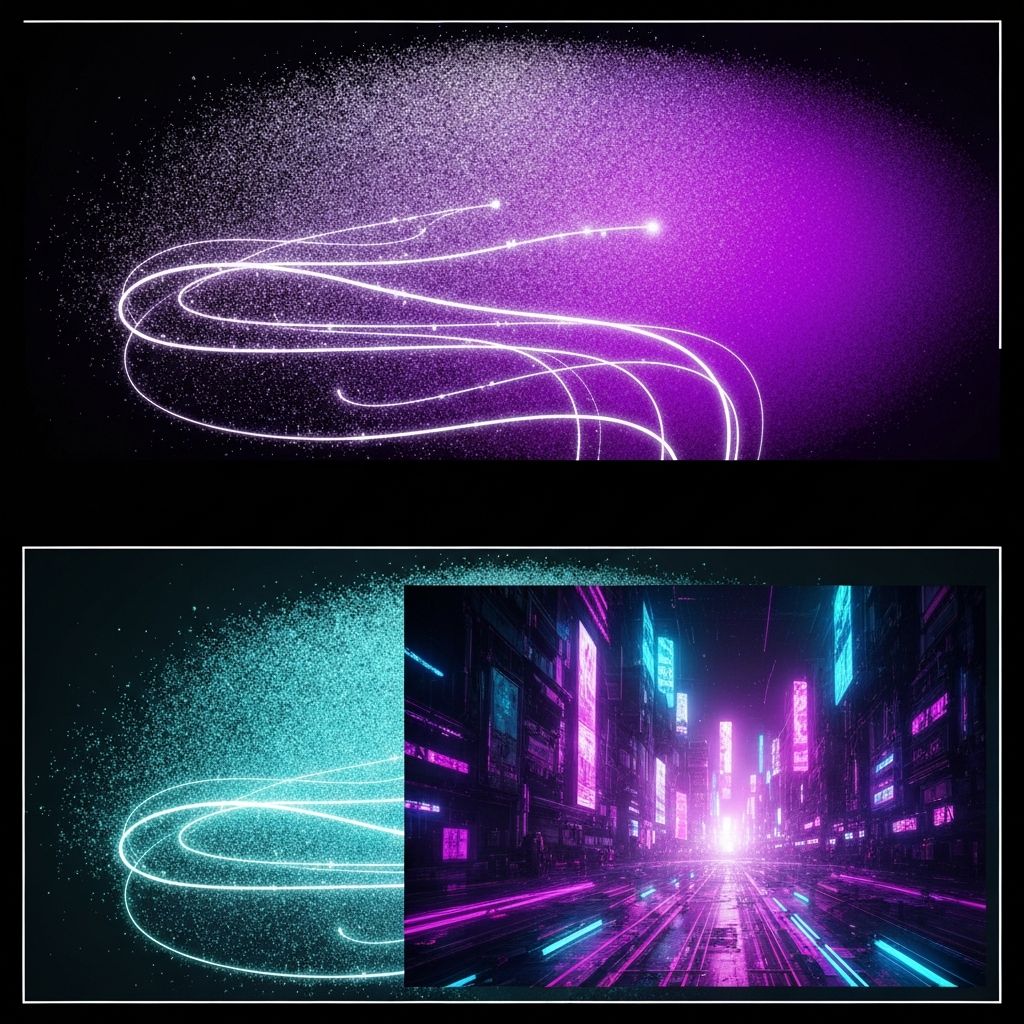 A time-lapse sequence showing an image evolving from noise to a complete masterpiece, with motion lines and glowing digital particles