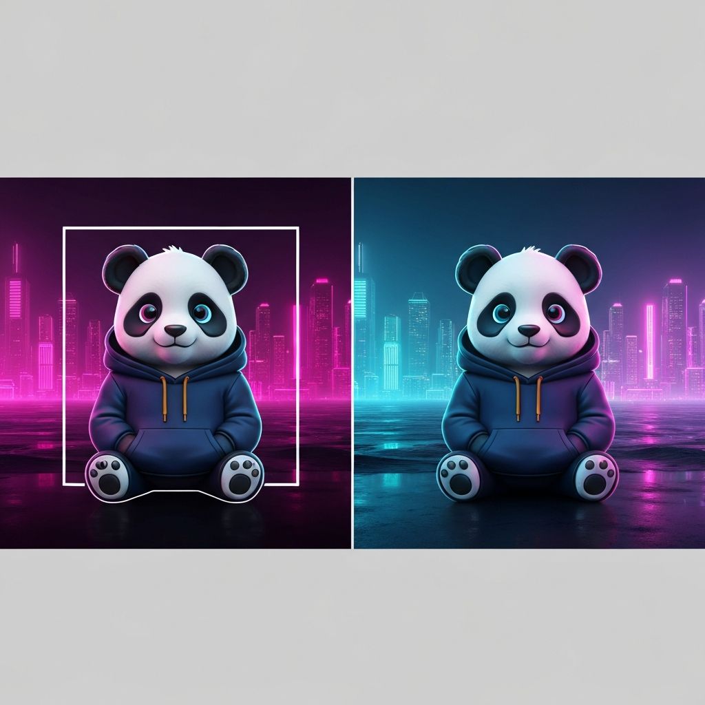 A cyber-panda mascot wearing a navy blue hoodie, positioned perfectly in a wide 16:9 cinematic landscape