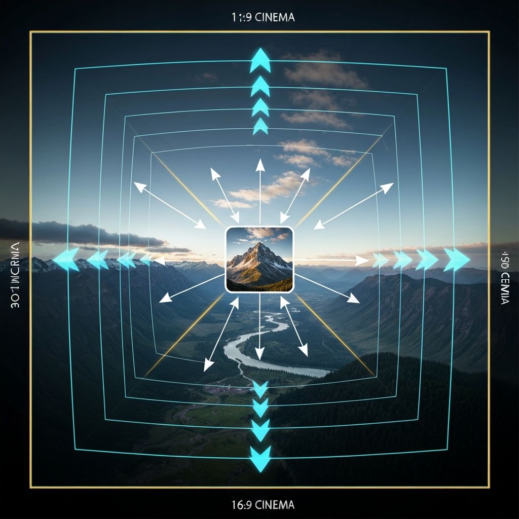 A small square mountain peak image being expanded outward into a massive panoramic landscape with valley, river, and sky