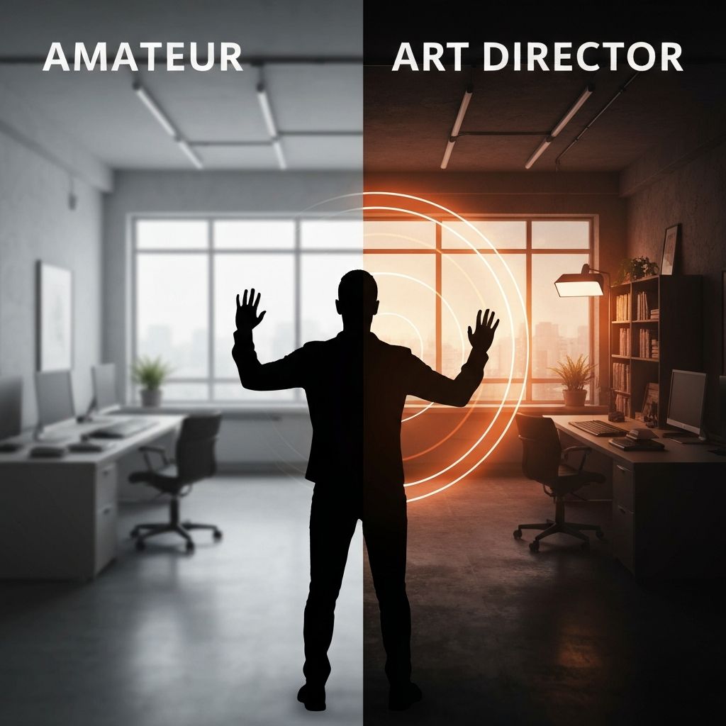 A creative visualization showing amateur vs. professional art direction with a silhouette figure conducting both outcomes