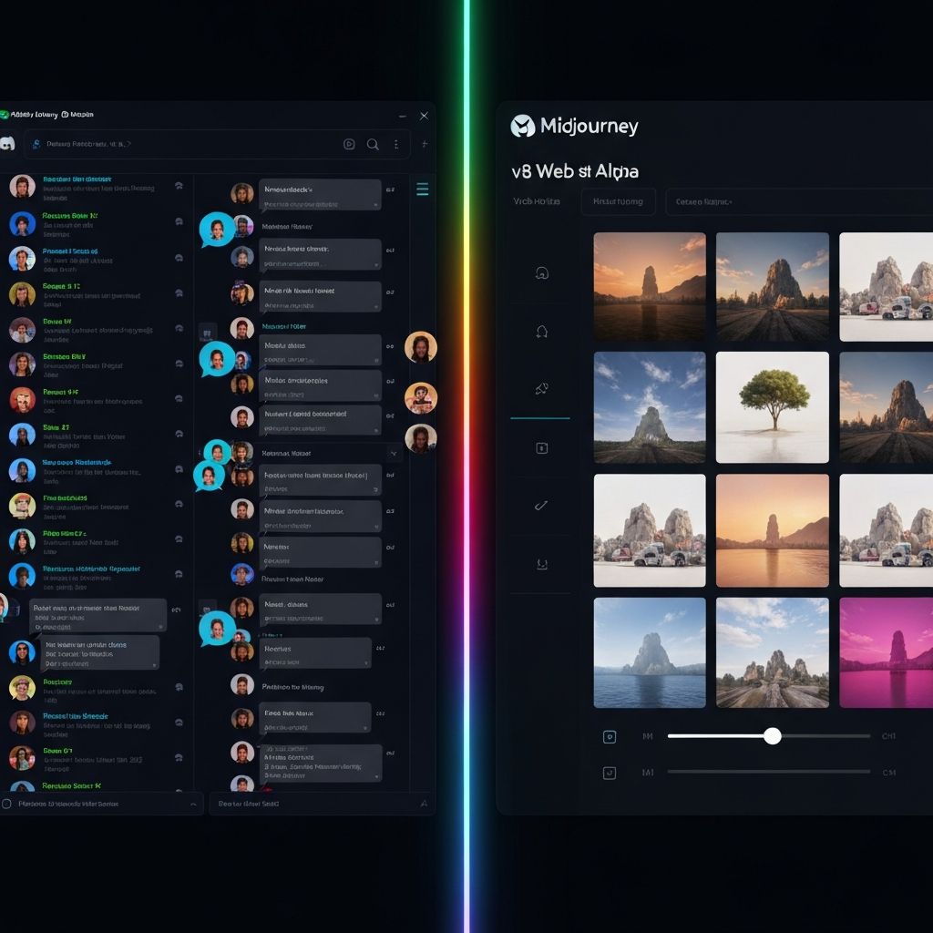 A split-screen showing a cluttered Discord interface on the left contrasting with a sleek, minimalist Midjourney Web Alpha interface on the right
