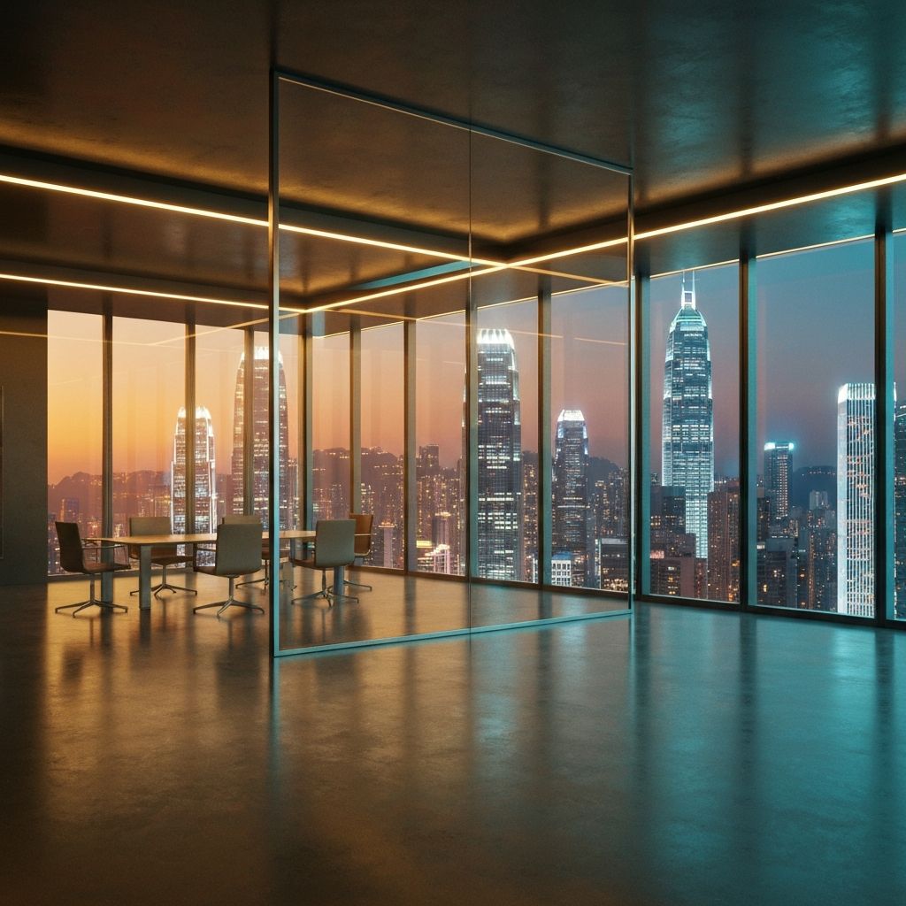 A stunning cinematic render of a glass boardroom in Hong Kong with neon-lit cityscape and warm golden lighting