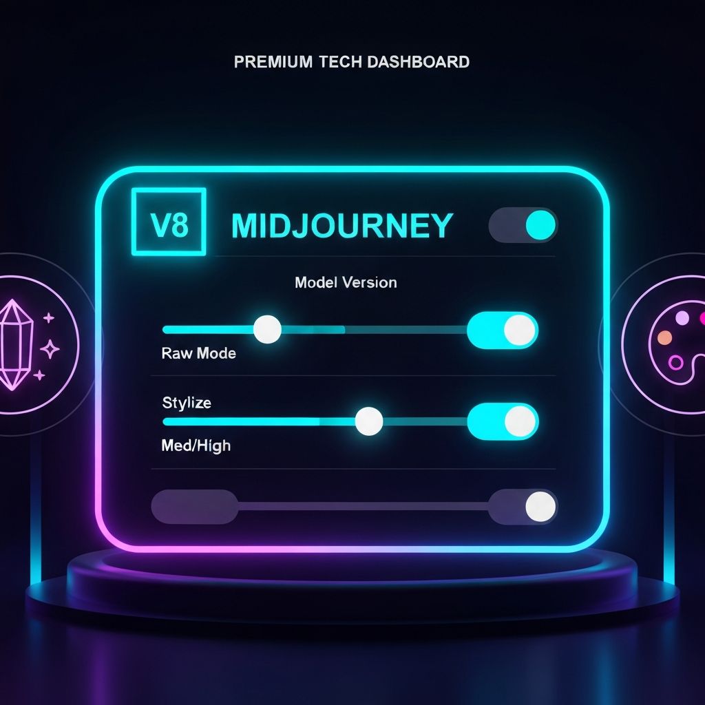 A settings dashboard showing Midjourney v8 controls, stylize slider, and raw mode toggle with glowing neon accents