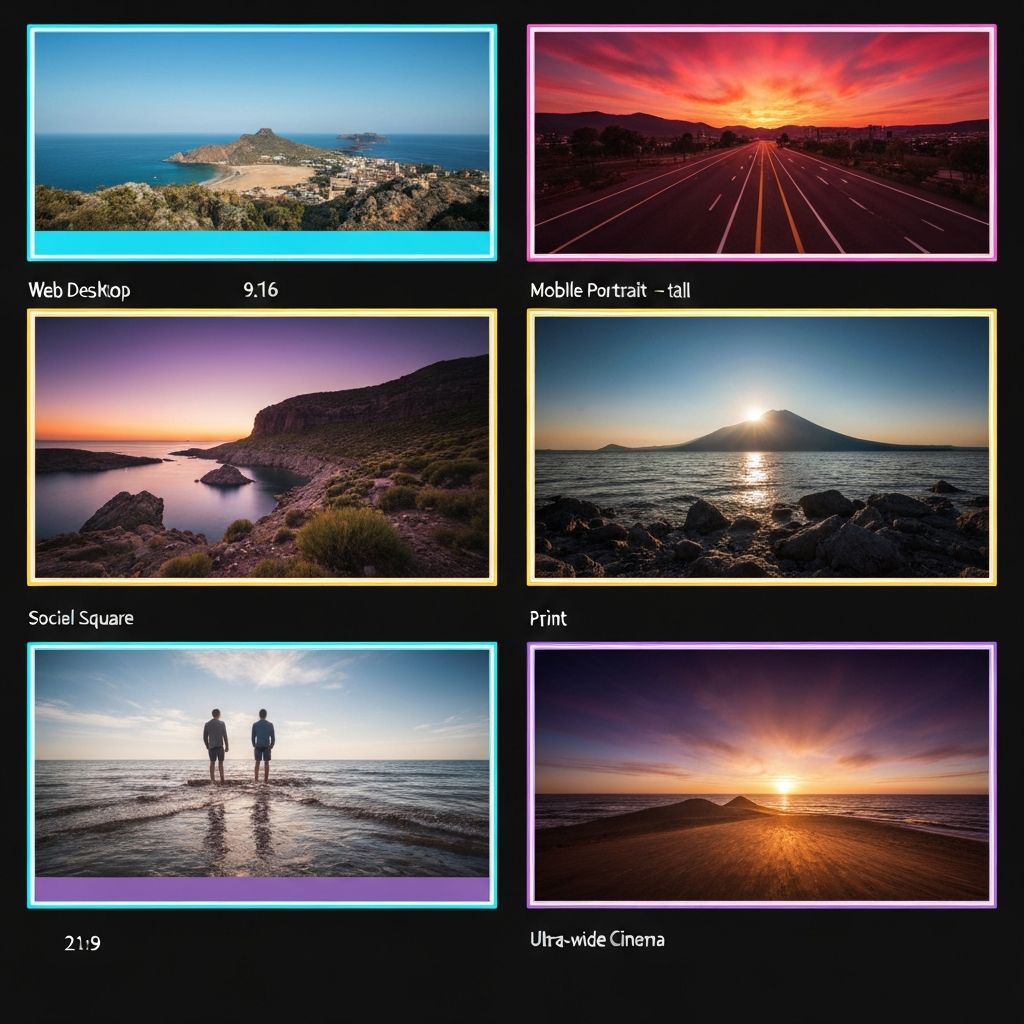 Visual guide showing different aspect ratio rectangles: 16:9 (Wide Web), 9:16 (Tall Mobile), 1:1 (Social Square), 3:2 (Print), 21:9 (Cinema). Each contains a stunning scene optimized for that format