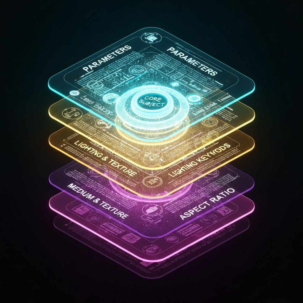 A 3D isometric visualization showing prompt structure layers: Core Subject at center, surrounded by Parameters, Lighting Keywords, Medium & Texture, and Aspect Ratio in glowing concentric rings